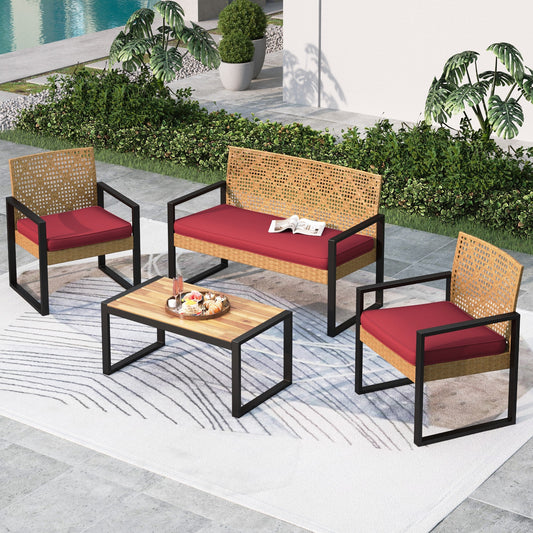 Summit Living 4-Piece Patio Conversation Set, All-Weather Wicker Outdoor Furniture, Yellow & Red