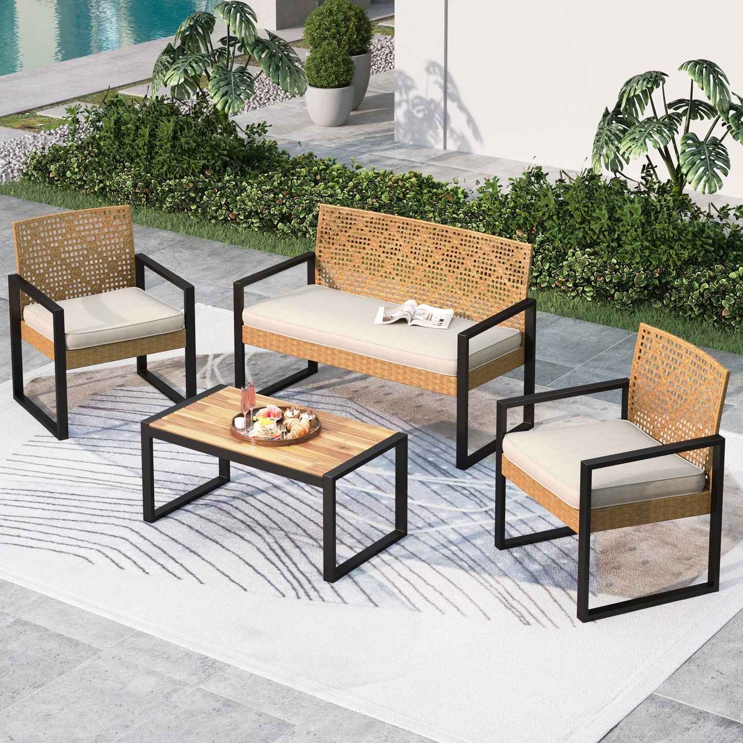 Summit Living 4-Piece Patio Conversation Set, All-Weather Wicker Outdoor Furniture, Yellow & Beige