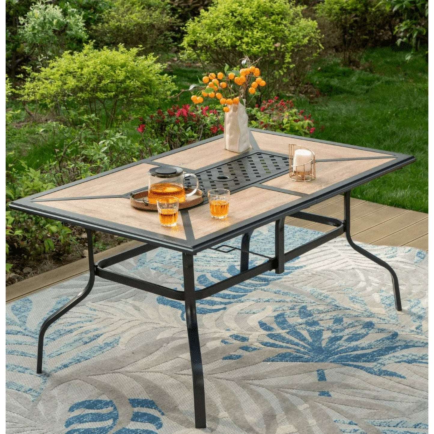 Summit Living Rectangle Outdoor Dining Table with Faux Wood Top & Umbrella Hole for 6-Person, Black