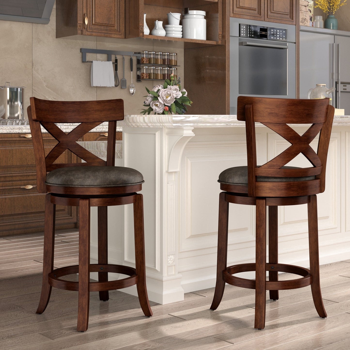 SUMMIT LIVING 26" Swivel Bar Stool with Back Set of 2, Wood Counter Height Chairs with PU Leather Upholstered Seat for Kitchen Island & Home Pub, Dark Cherry