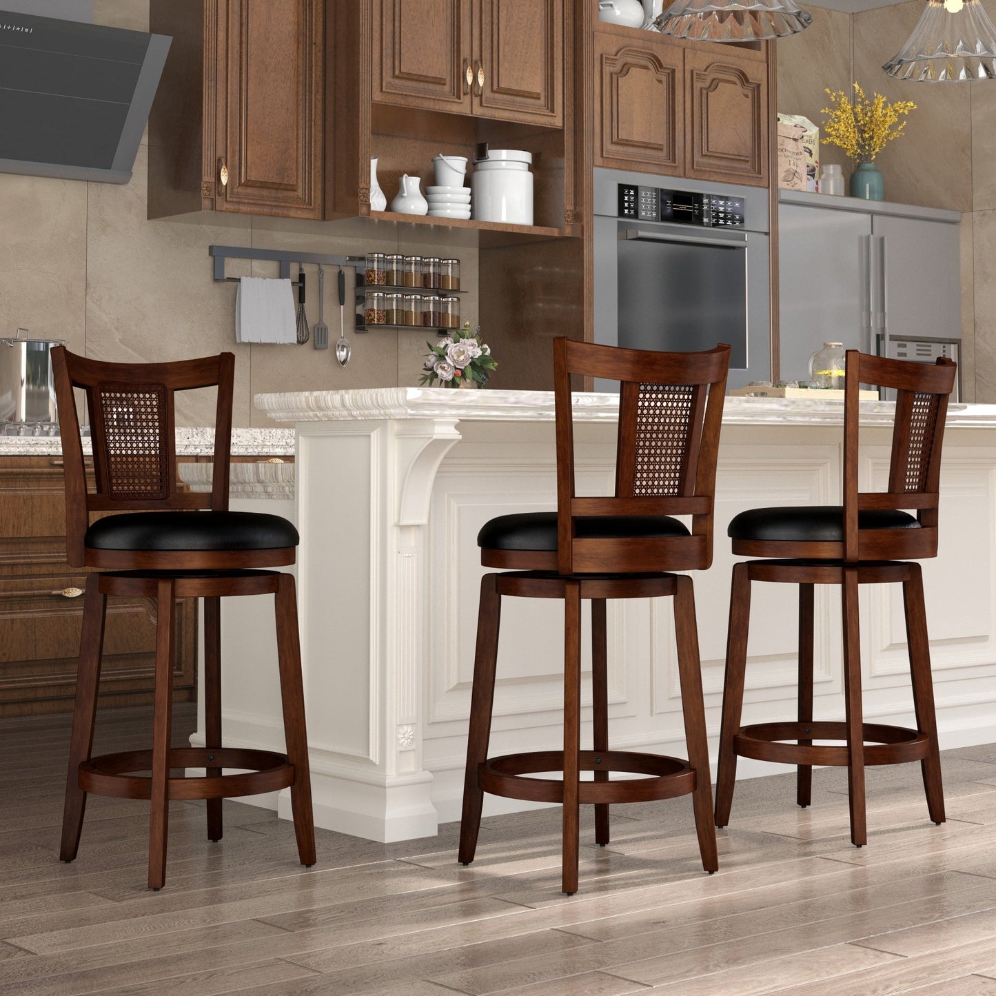SUMMIT LIVING 26" Swivel Bar Stool with Back Set of 3, Wood Counter Height Chairs with PU Leather Upholstered Seat for Kitchen Island & Home Pub, Dark Brown