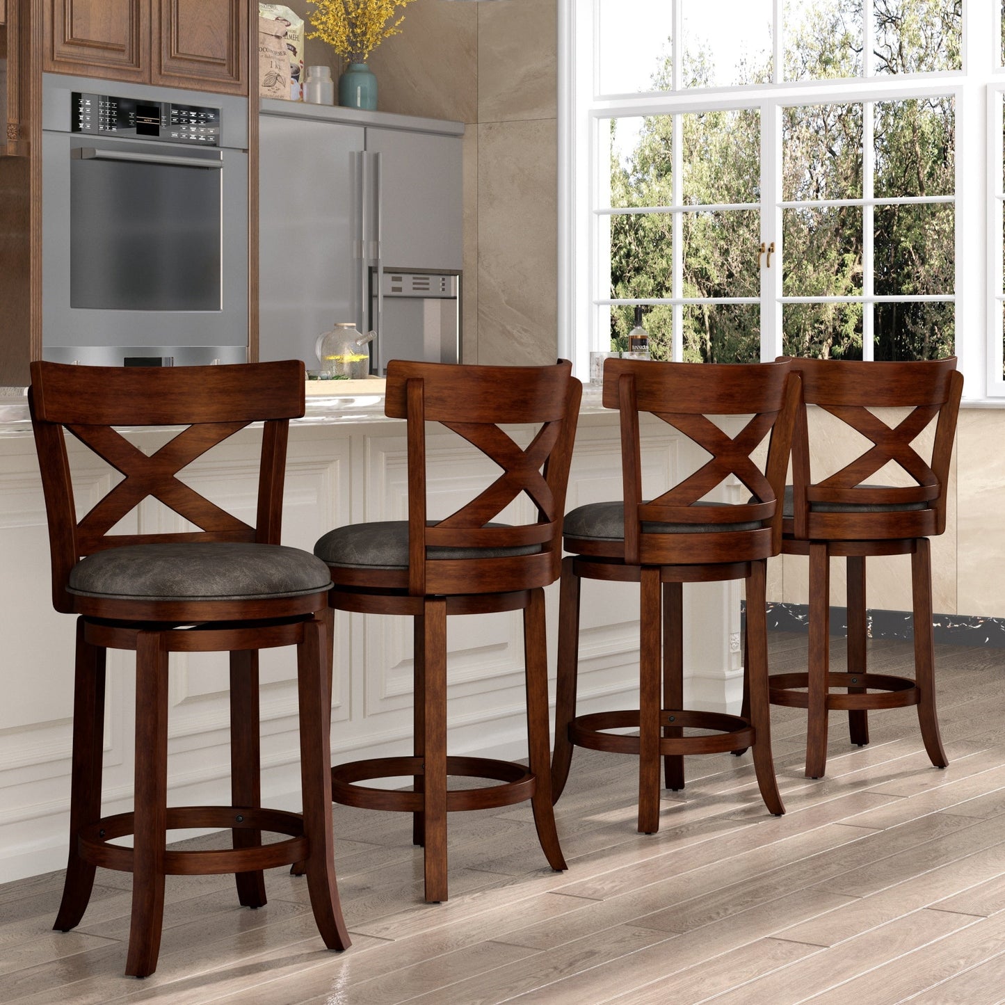 SUMMIT LIVING 26" Swivel Bar Stool with Back Set of 4, Wood Counter Height Chairs with PU Leather Upholstered Seat for Kitchen Island & Home Pub, Dark Brown