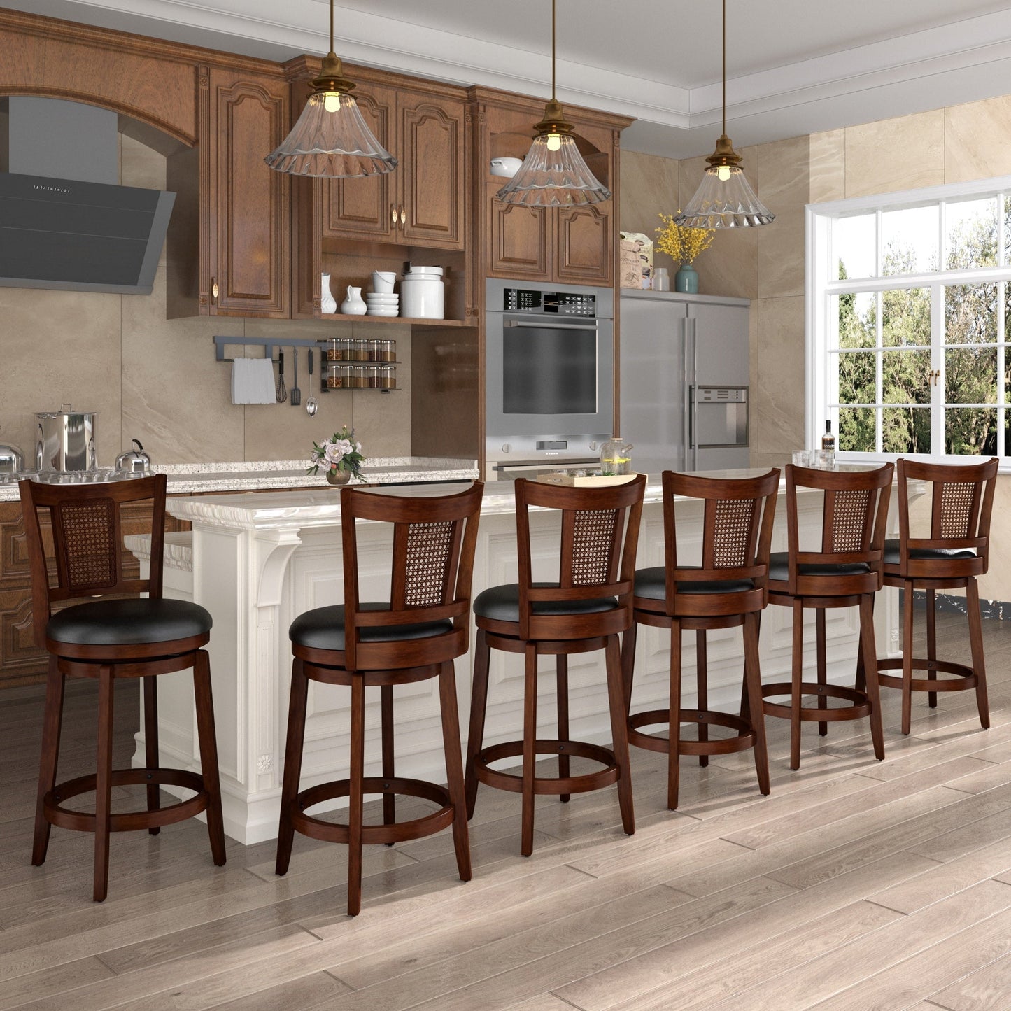 SUMMIT LIVING 26" Swivel Bar Stool with Back Set of 6, Wood Counter Height Chairs with PU Leather Upholstered Seat for Kitchen Island & Home Pub, Dark Brown