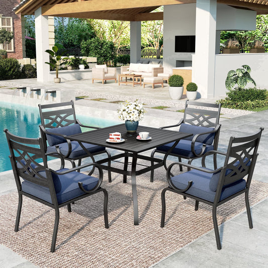 SUMMIT LIVING 5-Piece Outdoor Patio Dining Set with 4 Cushioned Chairs & Metal Steel Table with Umbrella Hole, Black & Blue