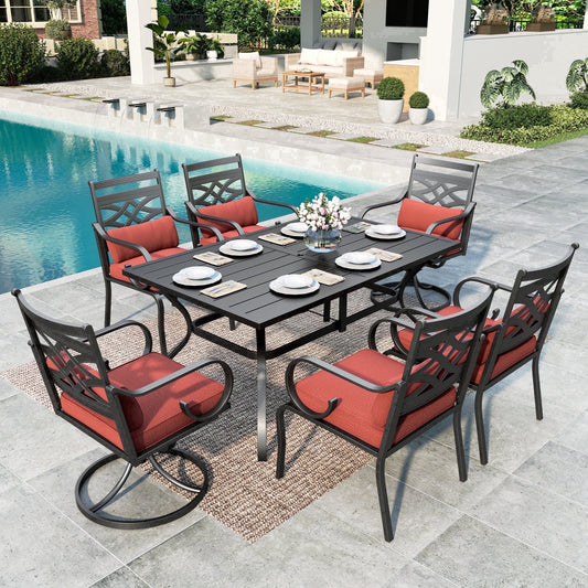 SUMMIT LIVING 7-Piece Outdoor Patio Dining Set with Cushioned Swivel Chairs & Metal Steel Table with Umbrella Hole, Black & Red