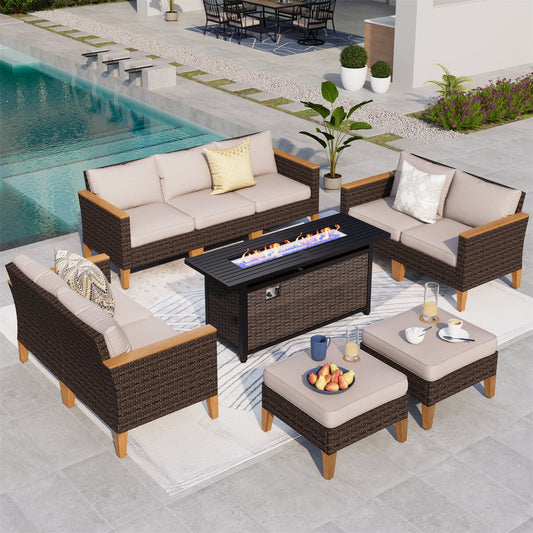 Summit Living 10 Pieces Outdoor Patio Furniture Set with 56-Inch Fire Pit Table Wicker Patio Conversation Set, Beige