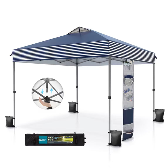 Summit Living 10 x 10 Ft Pop-up Canopy Tent One Push Setup Straight Legs Instant Canopy for Outside with Wheeled Bag – Blue and White Stripes