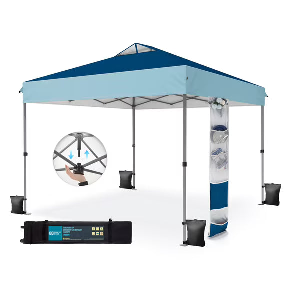 Summit Living 10 x 10 Ft Pop-up Canopy Tent One Push Setup Straight Legs Instant Canopy for Outside with Wheeled Bag – Dark & Light Blue