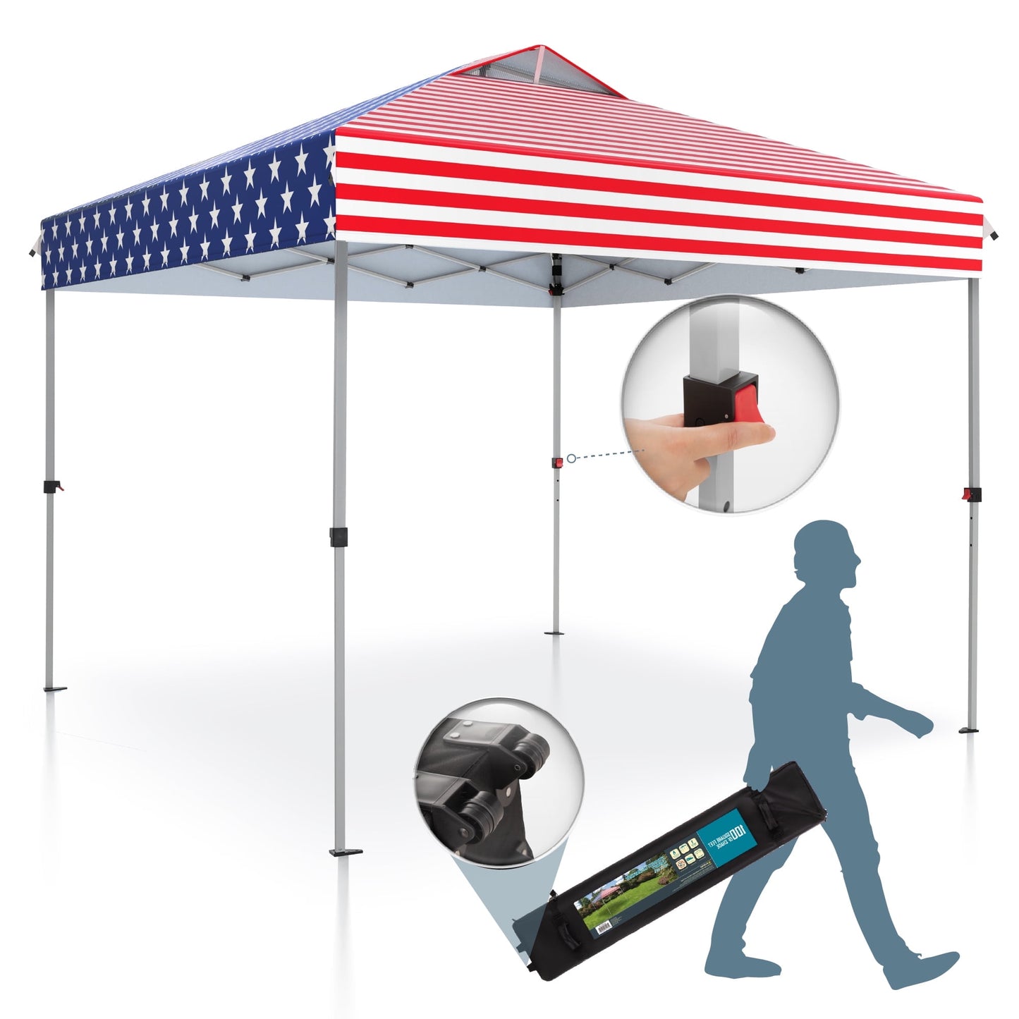 Summit Living 10 x 10ft Pop up Canopy Tent Straight Legs Instant Canopy for Outside with Wheeled Bag - American flag