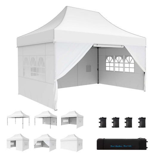 Summit Living 10 by 15 FT Pop Up Canopy Tent Commercial Heavy Duty Instant Canopy for Outside with Sidewalls White