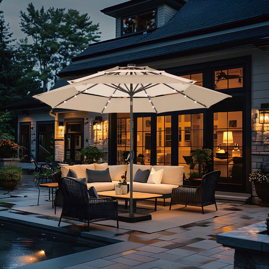 Summit Living 10ft Patio Umbrella with Solar Lights 3-Tier Vented Outdoor Market Umbrella with Auto-Tilt ¨C Beige & Tan