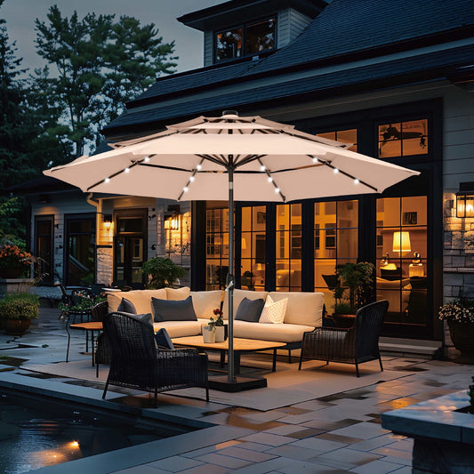 Summit Living 10ft Patio Umbrella with Solar Lights 3-Tier Vented Outdoor Market Umbrella with Auto-Tilt ¨C Beige