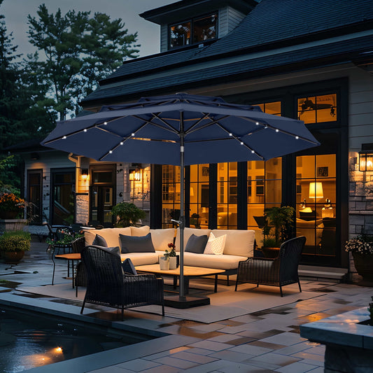 Summit Living 10ft Patio Umbrella with Solar Lights 3-Tier Vented Outdoor Market Umbrella with Auto-Tilt ¨C Navy Blue