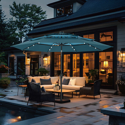 Summit Living 10ft Patio Umbrella with Solar Lights 3-Tier Vented Outdoor Market Umbrella with Auto-Tilt ¨C Peacock Blue & Cerulean