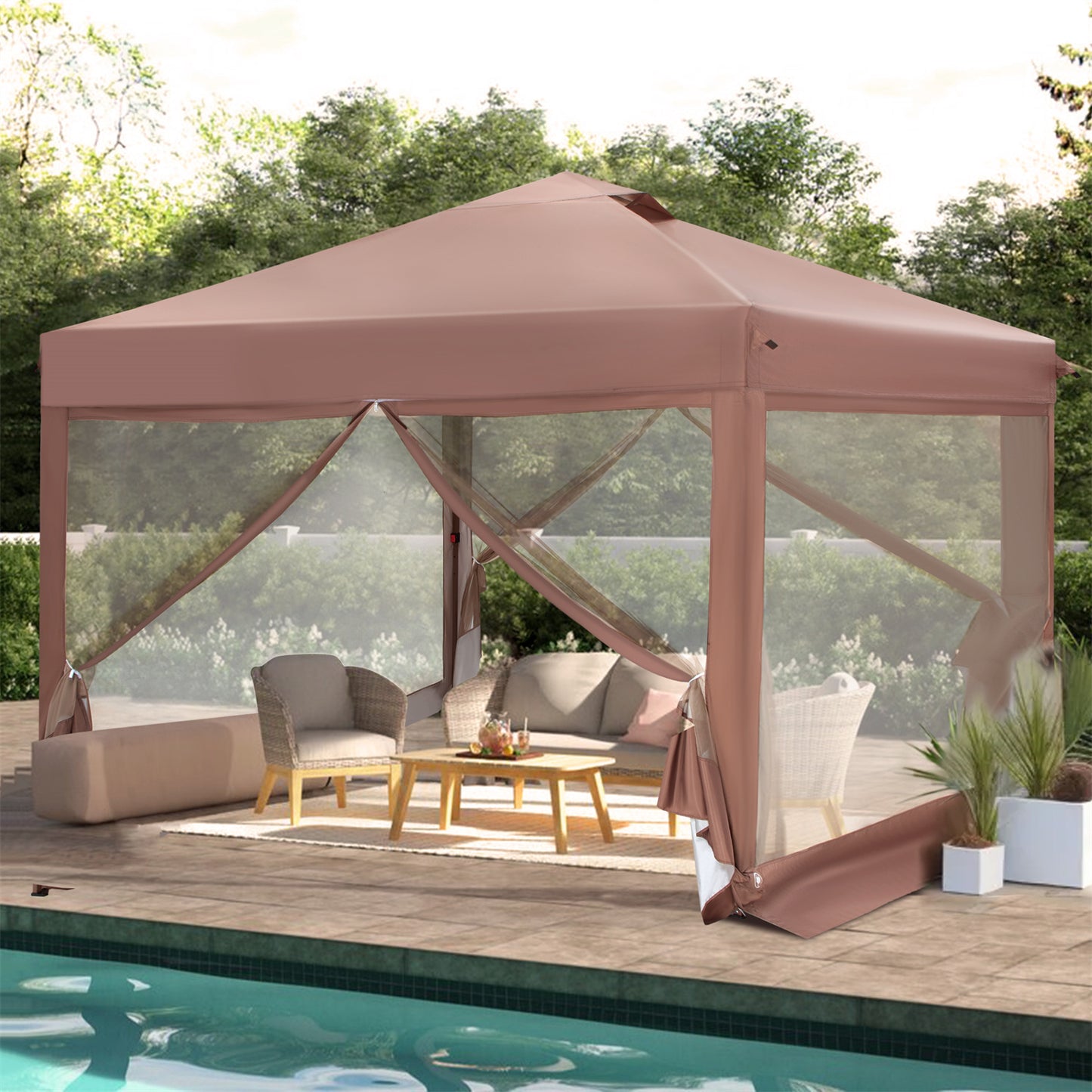 Summit Living 10 by 10ft Outdoor Pop up Canopy Tents with Netting Event Shelter for Outside Brown