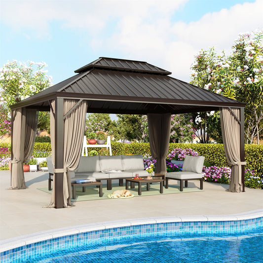 Summit Living 12 x 16 FT Hardtop Gazebo Aluminum Frame Galvanized Steel Double Roof Patio Gazebo with Netting  Curtains Brown