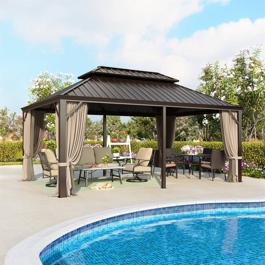 Summit Living 12 x 18 FT Hardtop Gazebo Aluminum Frame Galvanized Steel Double Roof Patio Gazebo with Netting Curtains Brown