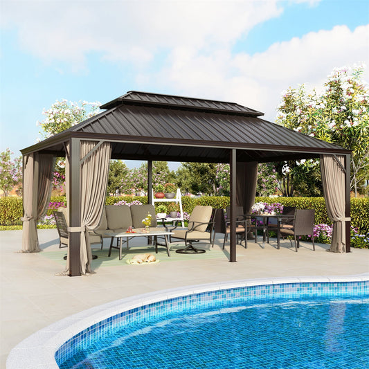 Summit Living 12 x 20 FT Hardtop Gazebo Aluminum Frame Galvanized Steel Double Roof Patio Gazebo with Netting  Curtains Brown