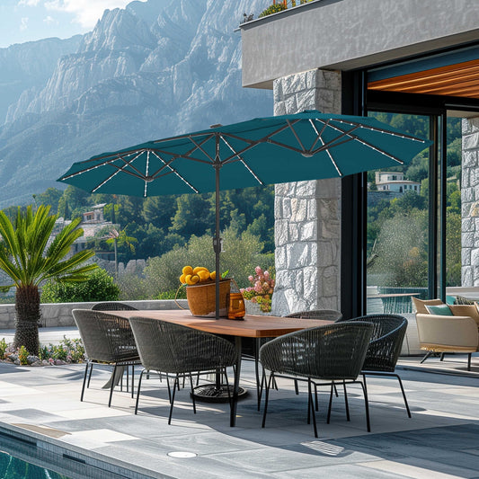 Summit Living 13ft Large Patio Umbrella with Multi-Color LED Solar Lights Double-Sided Rectangular Outdoor Table Umbrella ¨C Cerulean