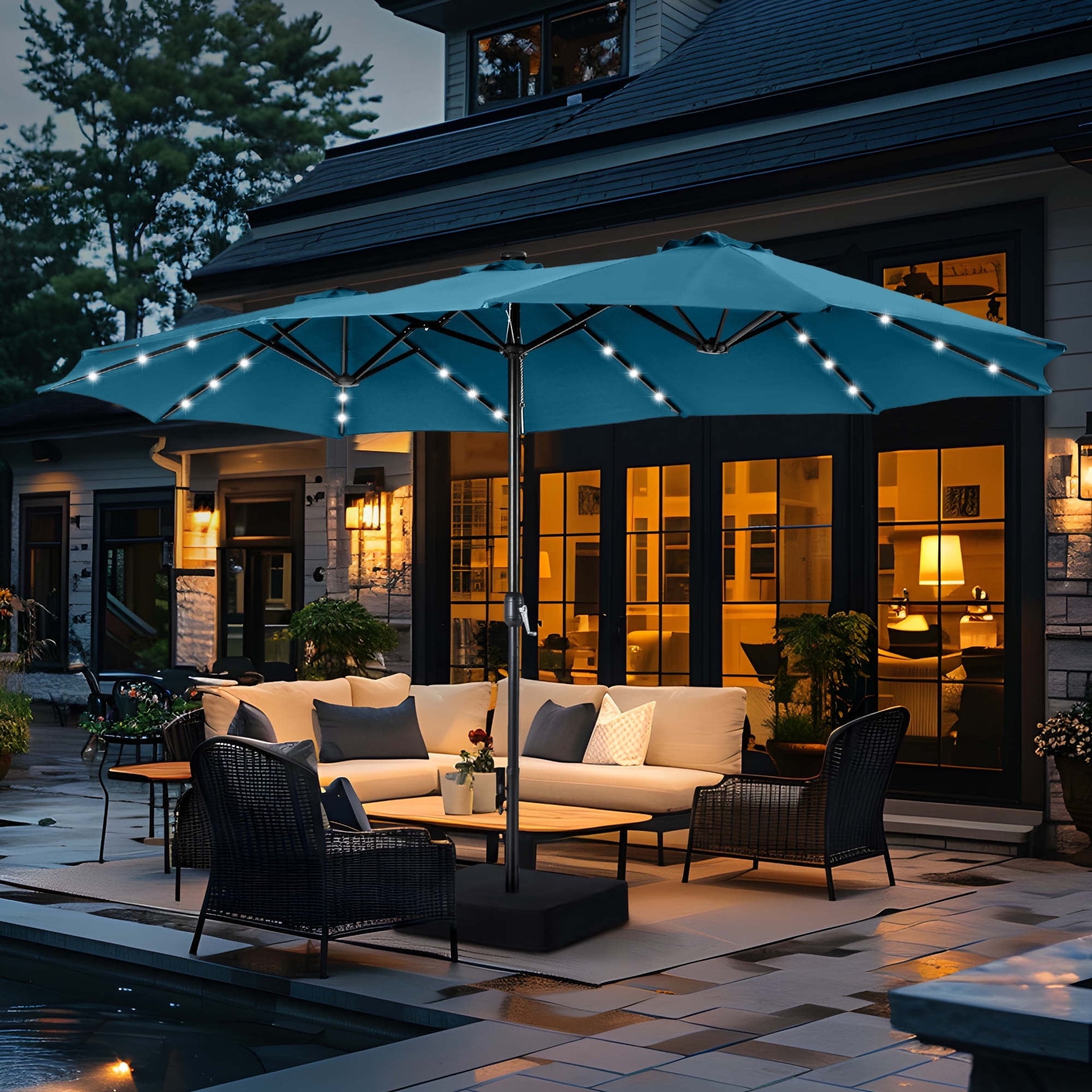 large patio umbrella with solar lights Summit Living 15 FT Double-Sided Solar Patio Umbrella with Base Large Outdoor Umbrella with LED Solar Lights