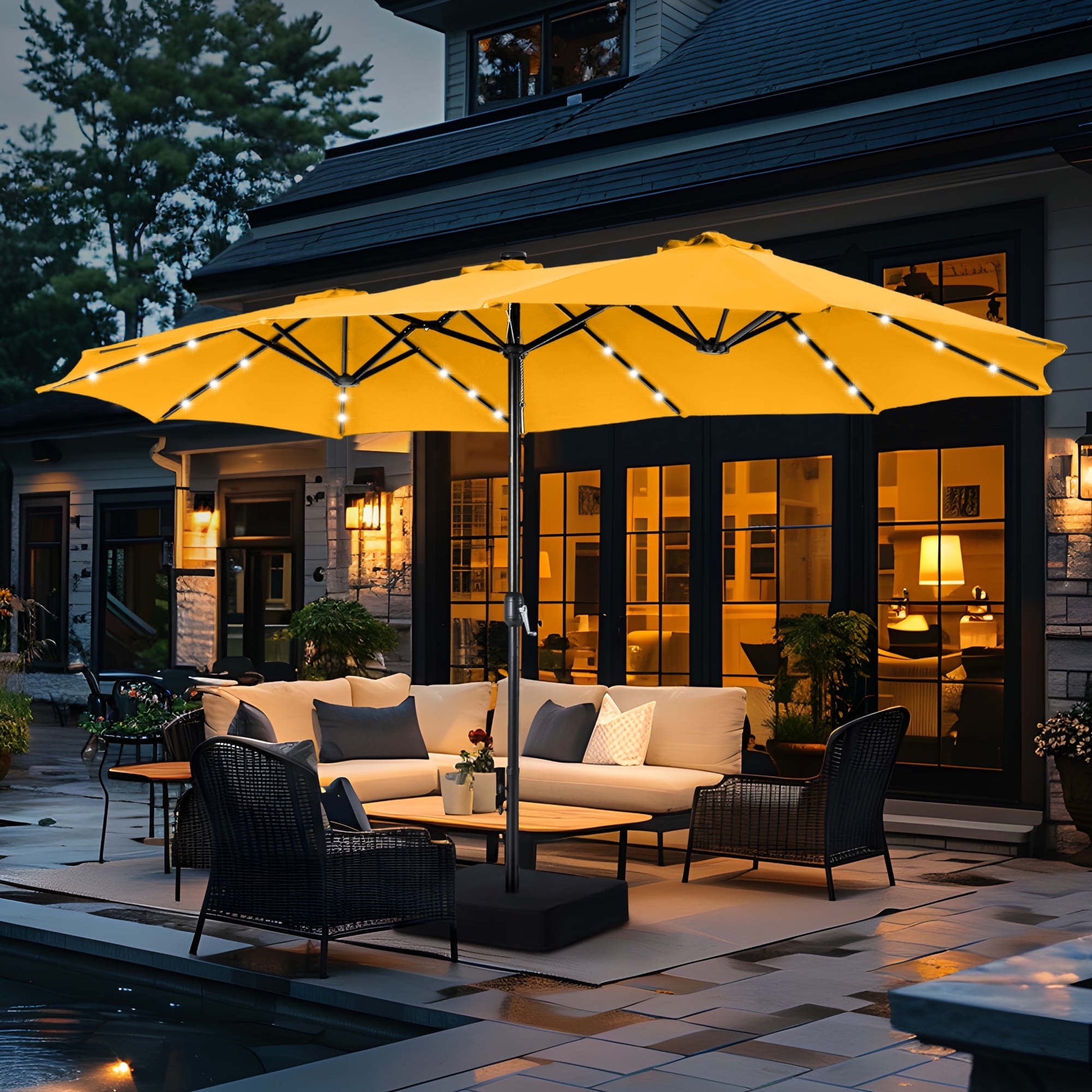 15 ft patio umbrella with solar lights and base SUMMIT LIVING 15 FT Double-Sided Solar Patio Umbrella with Base Large Outdoor Umbrella with LED Solar Lights