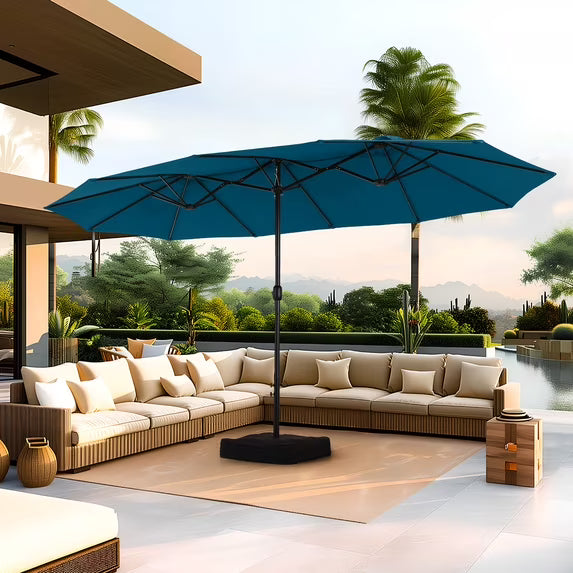 Summit Living 15 ft Large Patio Umbrella with Base (Included) Double-Sided Rectangular Outdoor Deck Umbrella for Outside - Cerulean