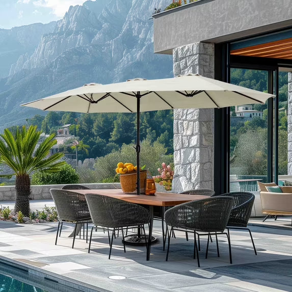 Summit Living 15 ft Large Patio Umbrella with Base (Included) Double-Sided Rectangular Outdoor Deck Umbrella for Outside - Ivory