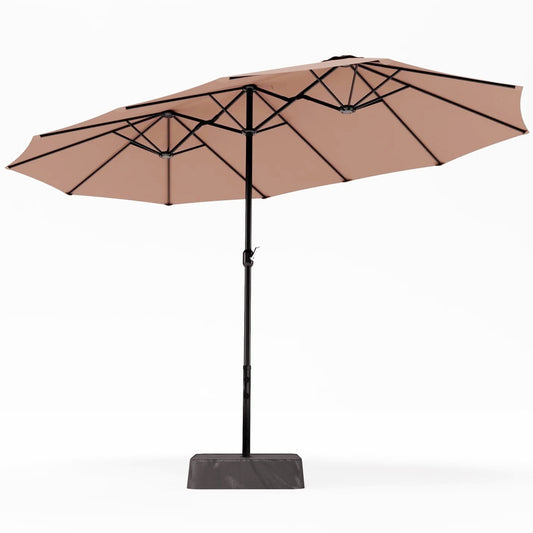 Summit Living 15ft Double-Sided Patio Umbrella with Base Large Outdoor Table Umbrella Beige