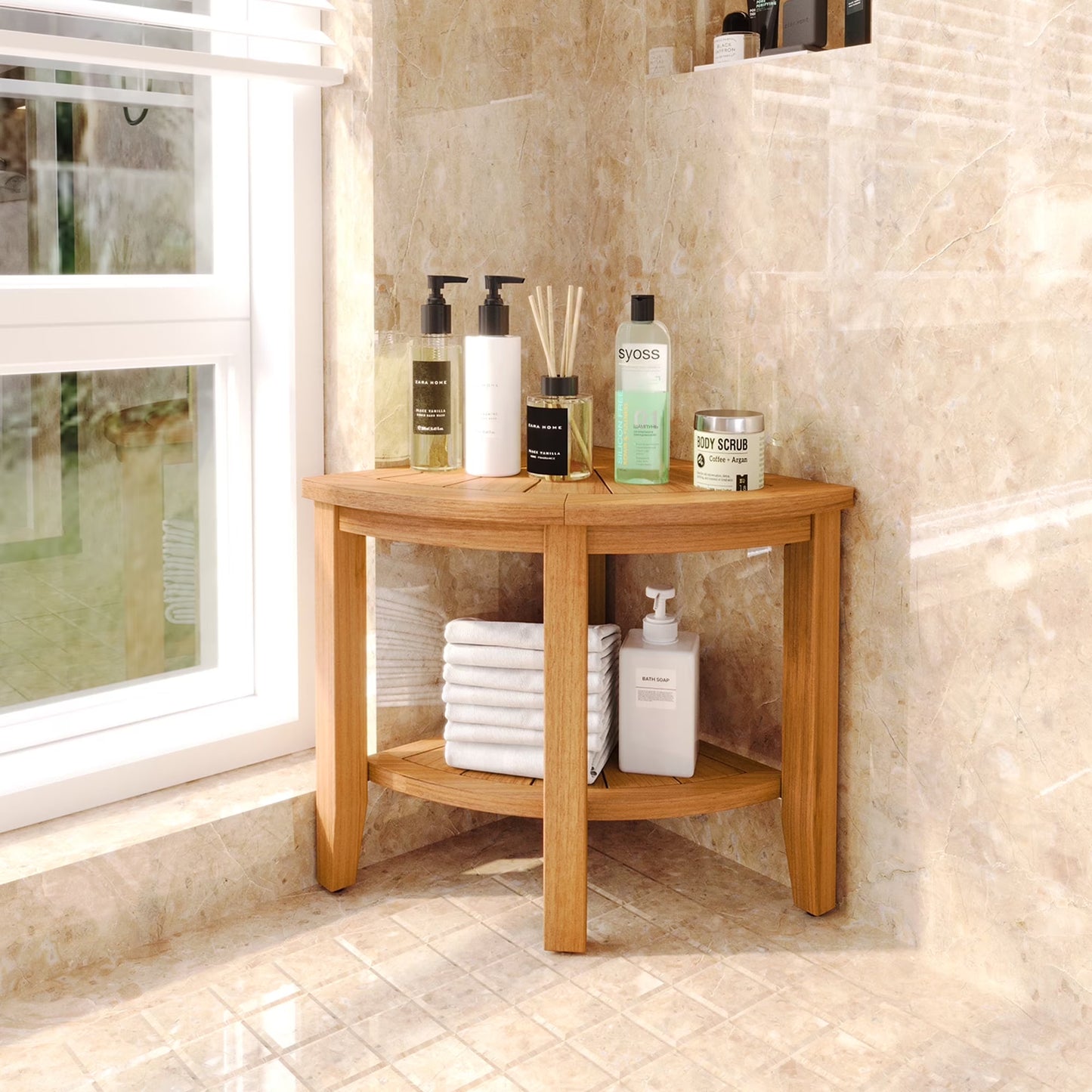 SUMMIT LIVING 17.1"H 100% Natural Teak Wood Shower Stool, Bathroom Waterproof Shower Bench for Foot Rest