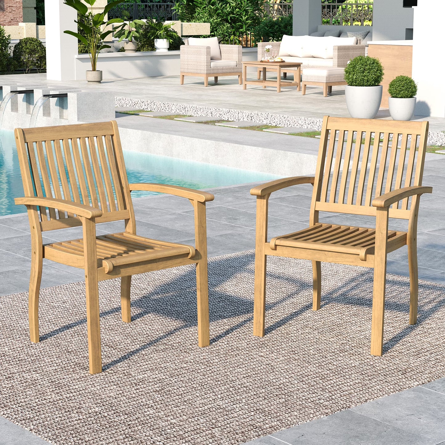 SUMMIT LIVING 2-Piece Acacia Wood Patio Dining Chairs, Outdoor Oil Finished Natural Teak Wooden Armchairs