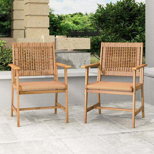 SUMMIT LIVING 2-Piece Acacia Wood Patio Dining Chairs (Weight Capacity 350 lbs) with Rattan Seat & Back, Natural Wood Outdoor Chairs