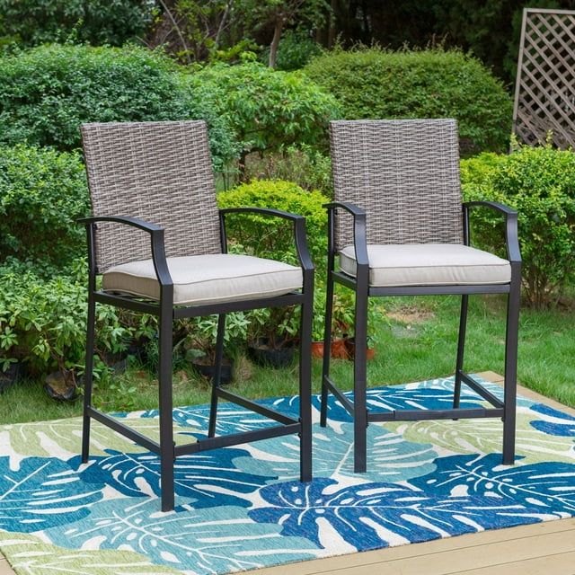 Summit Living 2-Piece Outdoor Count Height Wicker Chairs with Cushions, Black & Gray