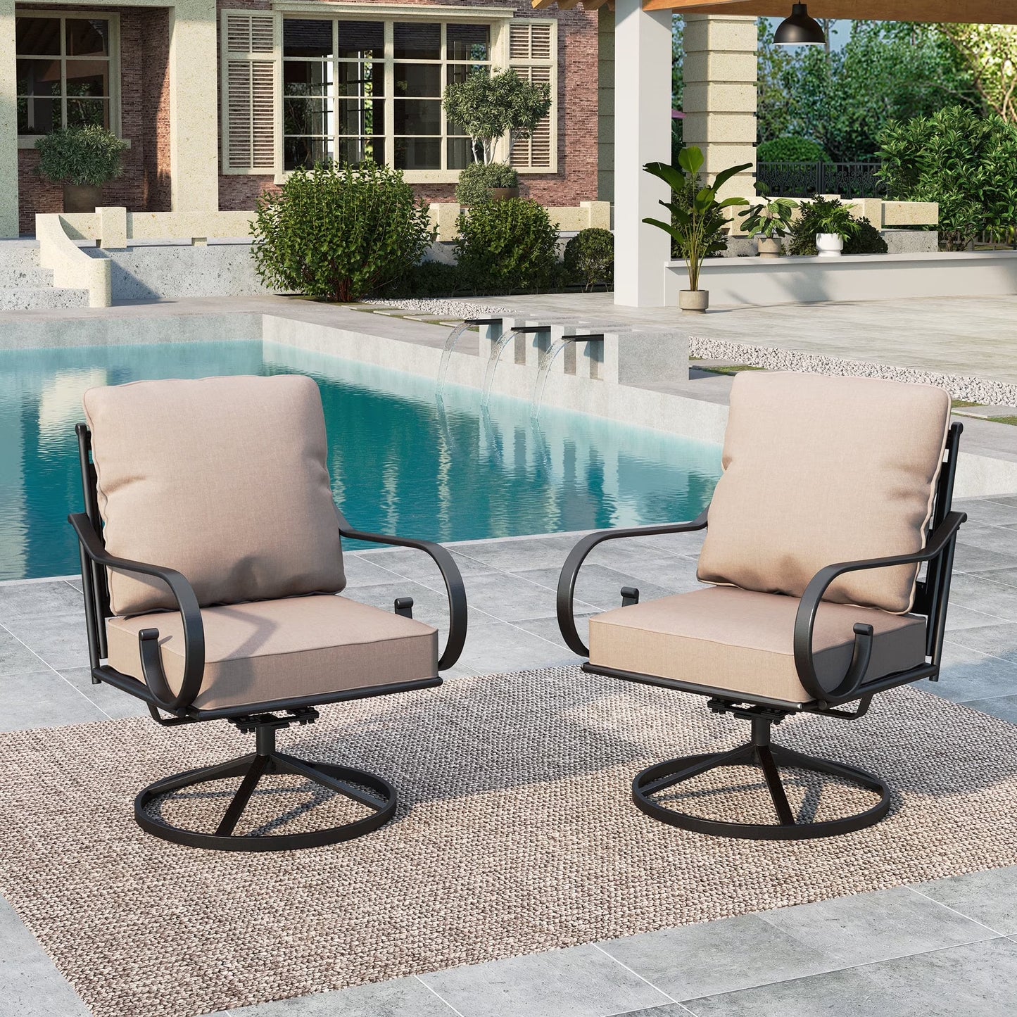 Summit Living 2-Piece Outdoor Patio Chairs with Seat And Back Cushions, Black / Beige