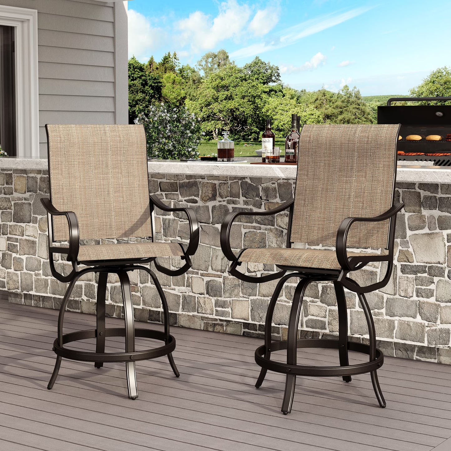 SUMMIT LIVING 2-Piece Outdoor Count Height Swivel Chairs, All-Weather Textilene Seat, Black & Brown
