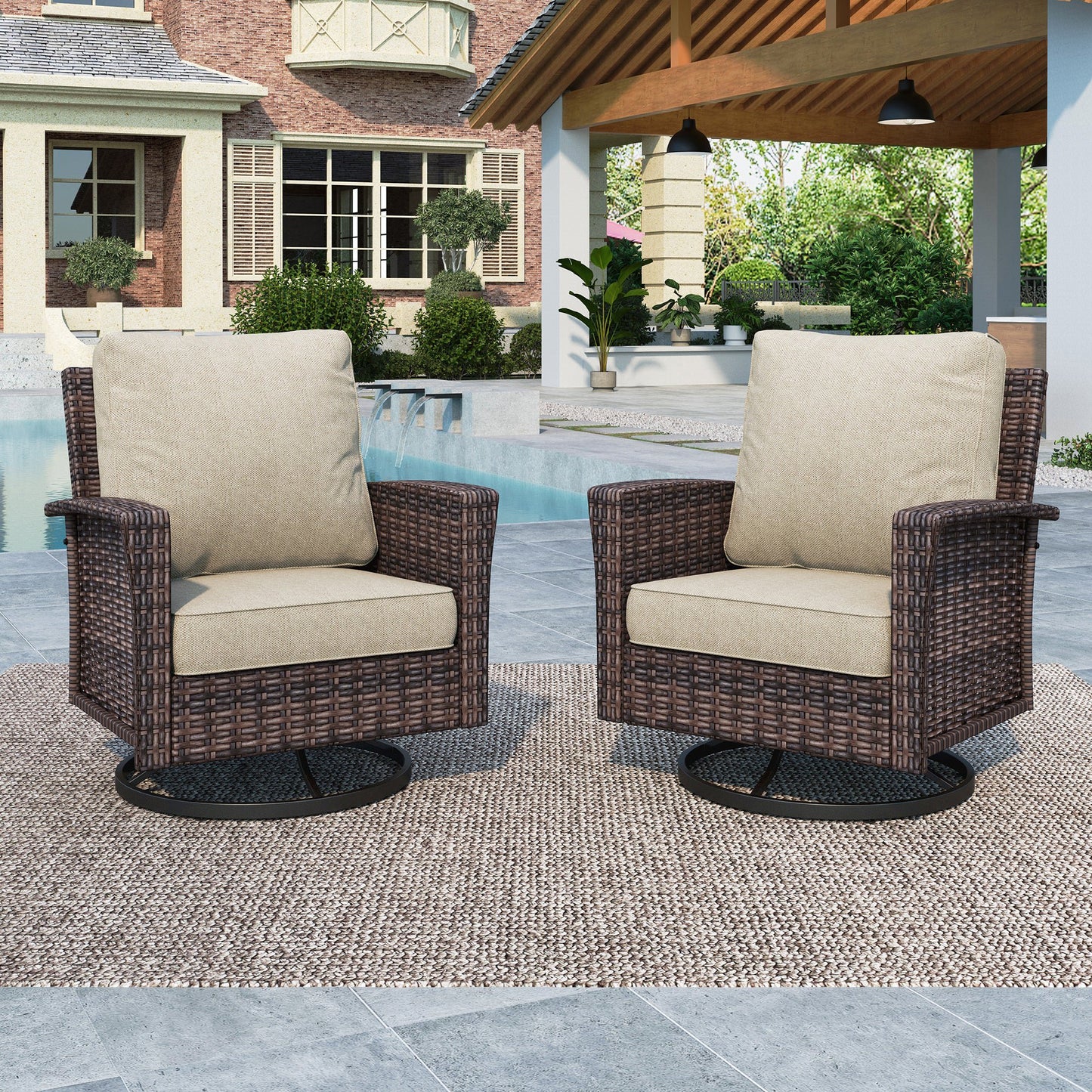 Summit-Living- 2-Piece-Outdoor-Swivel-Chairs-Wicker-Patio- Furniture-Set-With-Backrests-Cushions-for-Garden-Pool- Porch-Yard-Beige