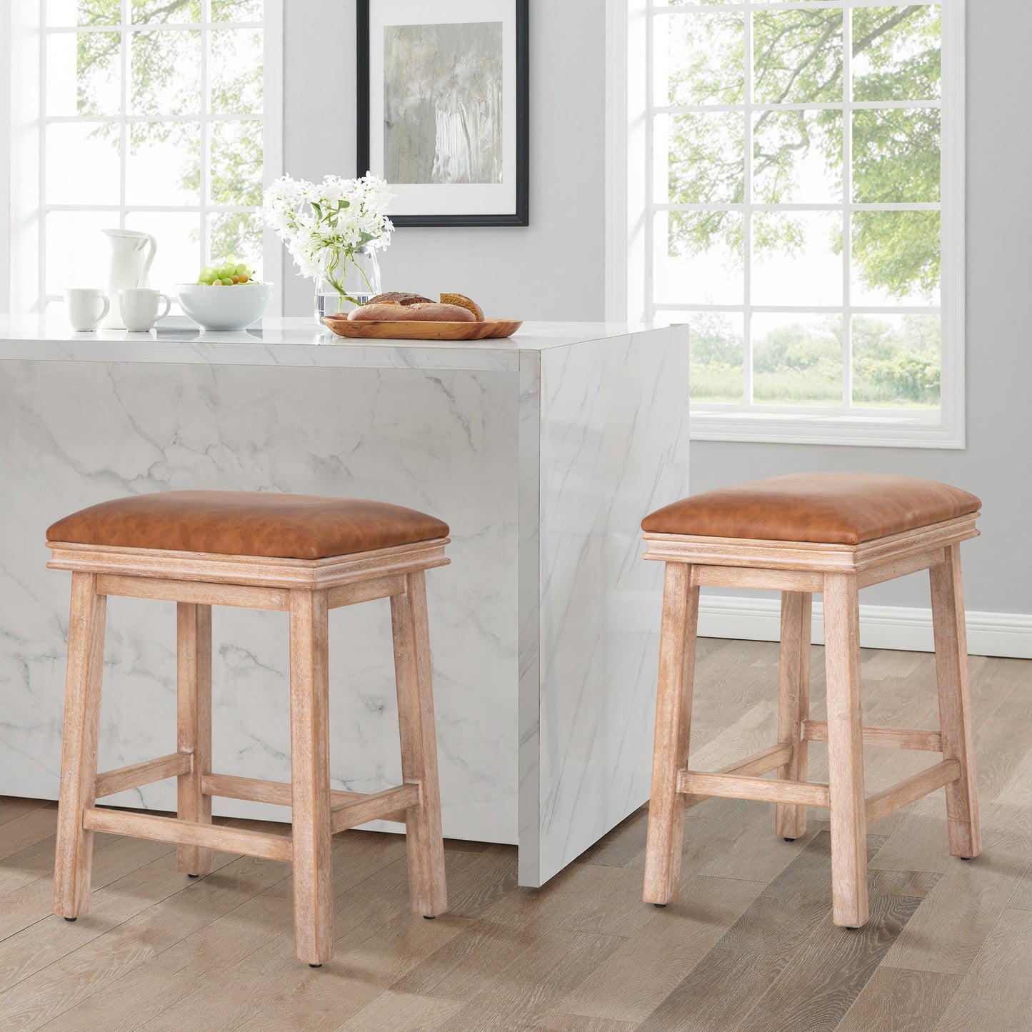 Summit Living 24" Counter Height Bar Stool Set of 2 for Kitchen Backless Faux Leather Stool Island Chair, Brown