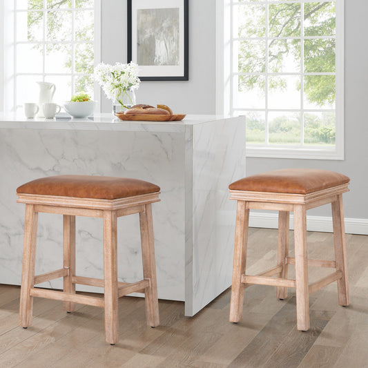 Summit Living 24" Counter Height Bar Stool Set of 2 for Kitchen Backless Faux Leather Stool Island Chair, Brown