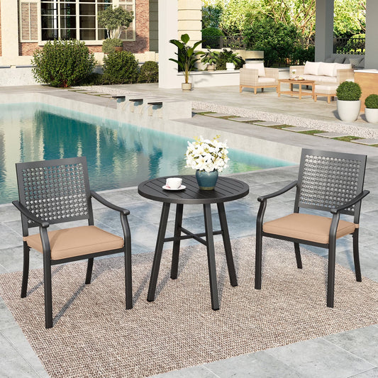 SUMMIT LIVING 3-Piece Patio Furniture Set, Outdoor Bistro Set with Round Coffee Table and Stackable Chairs with Cushions, Black & Brown
