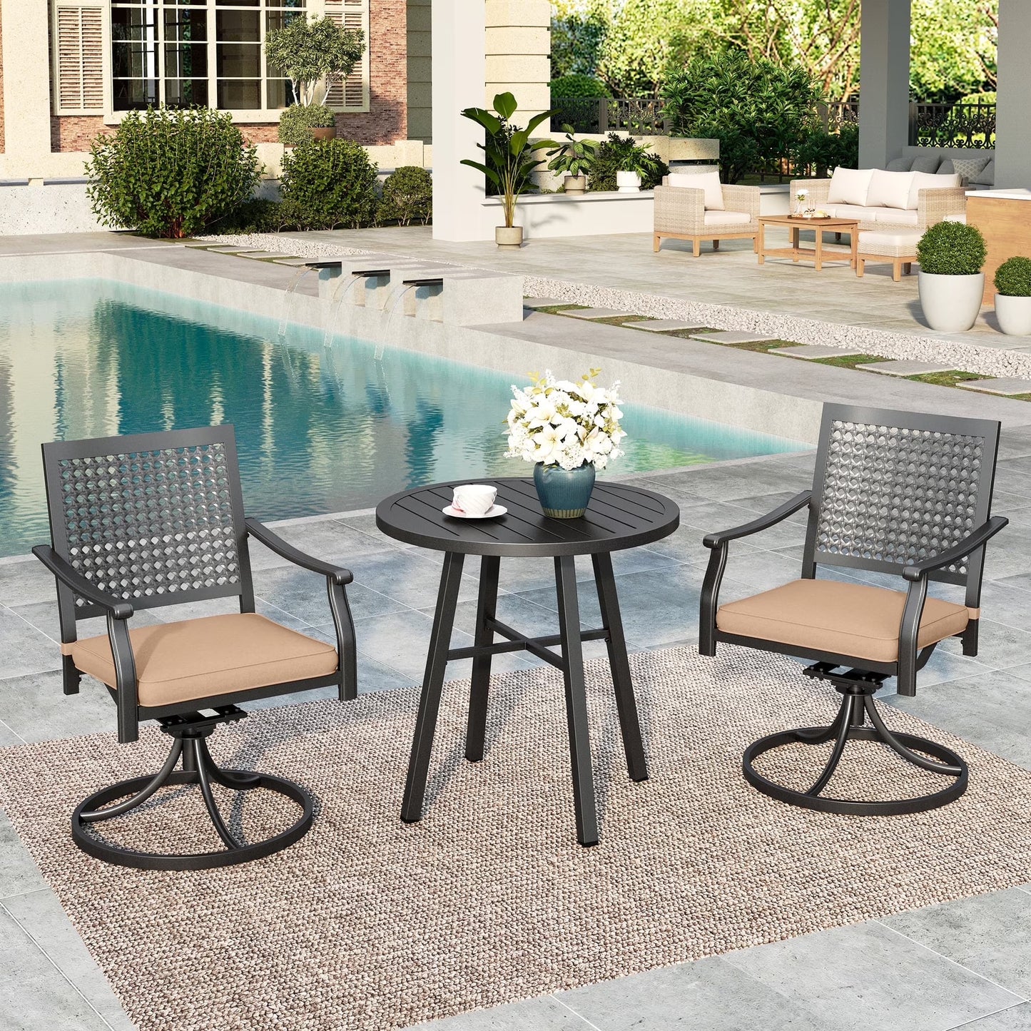 SUMMIT LIVING 3-Piece Patio Furniture Set, Outdoor Bistro Set with Round Coffee Table and Swivel Chairs with Cushions, Black & Beige