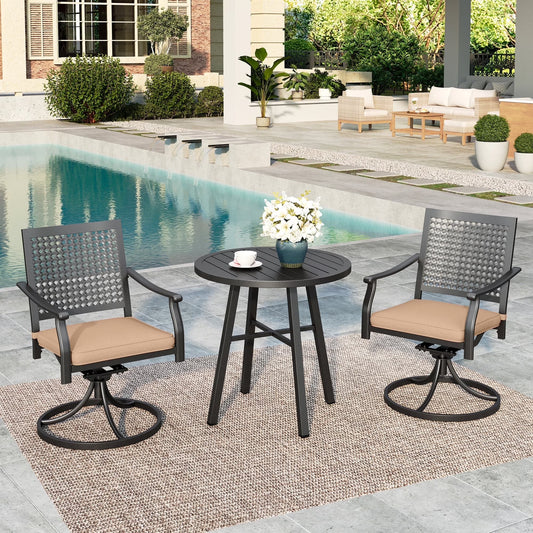 SUMMIT LIVING 3-Piece Patio Furniture Set, Outdoor Bistro Set with Round Coffee Table and Swivel Chairs with Cushions, Black & Beige