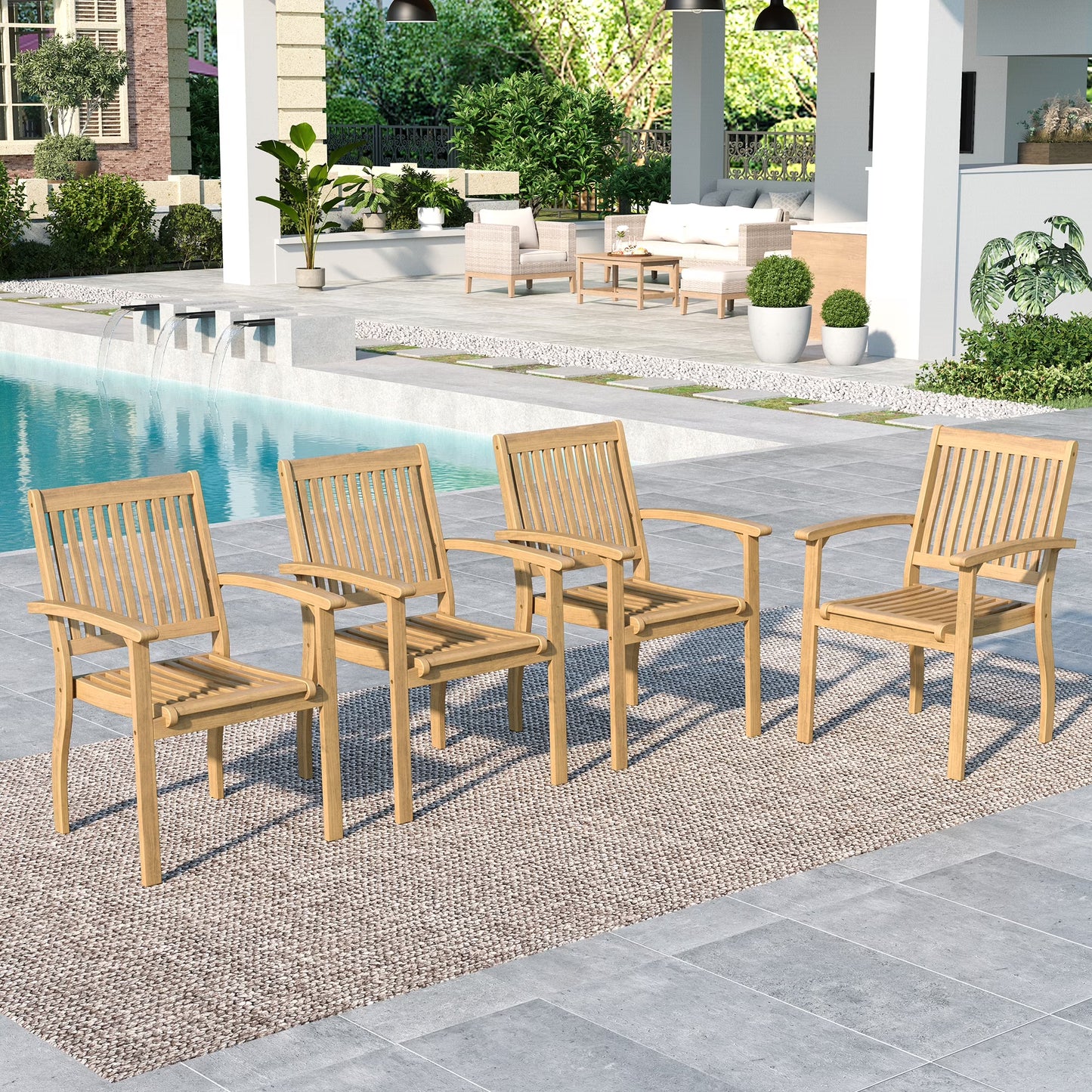 SUMMIT LIVING 4-Piece Acacia Wood Patio Dining Chairs, Outdoor Oil Finished Natural Teak Wooden Armchairs