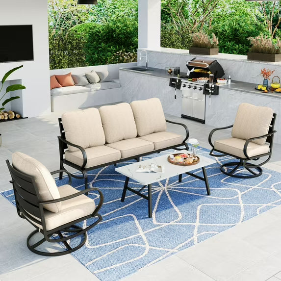Summit Living 4 Pieces Patio Conversation Set Outdoor Metal Furniture Sectional Sofa for 5 People with Beige Cushion