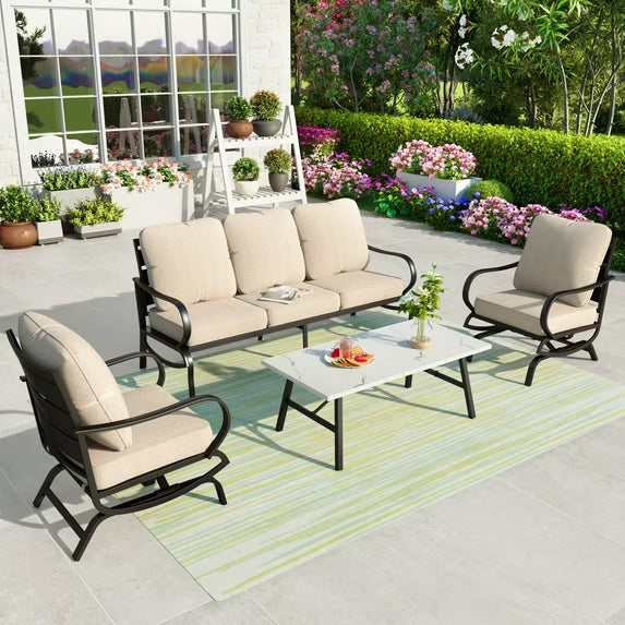 Summit Living 4 Pieces Patio Conversation Set Outdoor Metal Furniture Sectional Sofa for 5 People with Beige Cushion