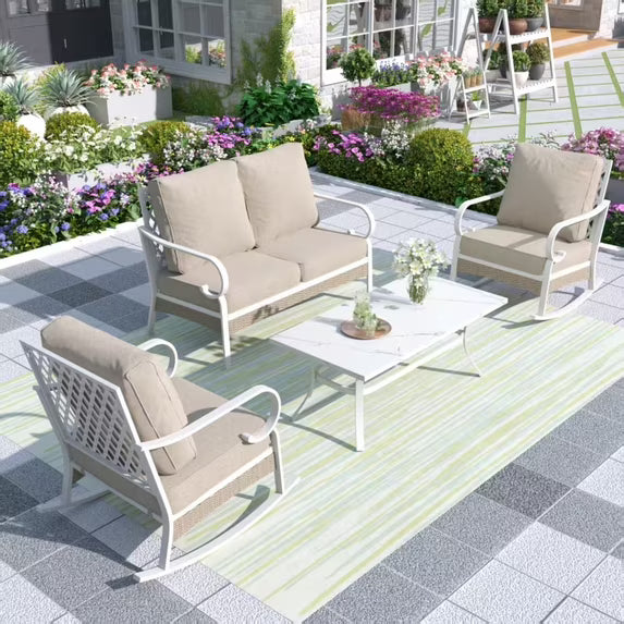 MF Studio 4-Seater Patio Conversation Set Metal Outdoor Furniture with Rocking Chair Sofa Beige
