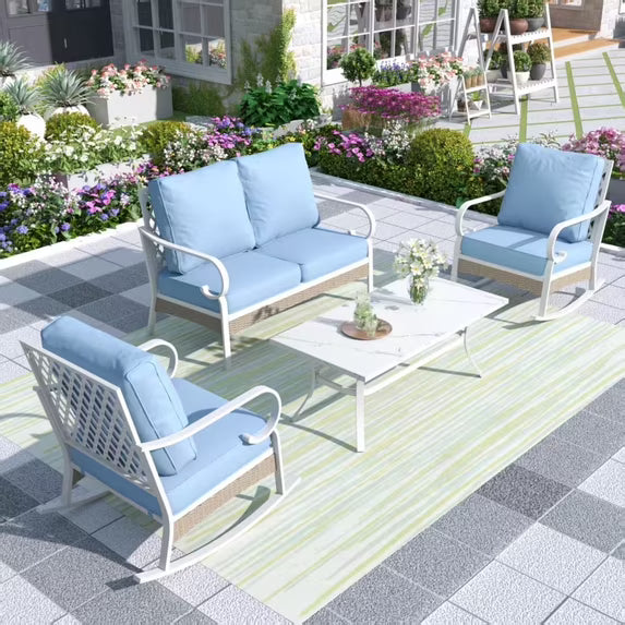 MF Studio 4-Seater Patio Conversation Set Metal Outdoor Furniture with Rocking Chair Sofa Blue