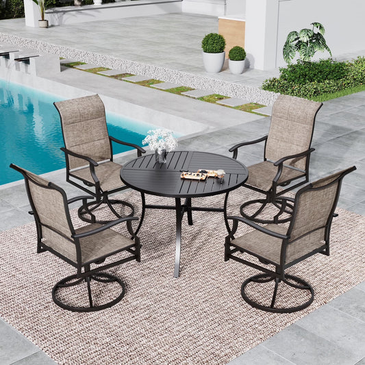 SUMMIT LIVING 5-Piece Outdoor Dining Set,4 High-Back Swivel Chairs with Padded&1 Round Steel Table with Umbrella Hole,Black&Gray
