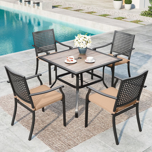 SUMMIT LIVING 5-Piece Outdoor Patio Dining Set with 4 Steel Stackable Armchairs with Cushions (Weight Capacity 350 lbs) & 1 Square Wood Grain Table with Umbrella Hole, Black & Beige