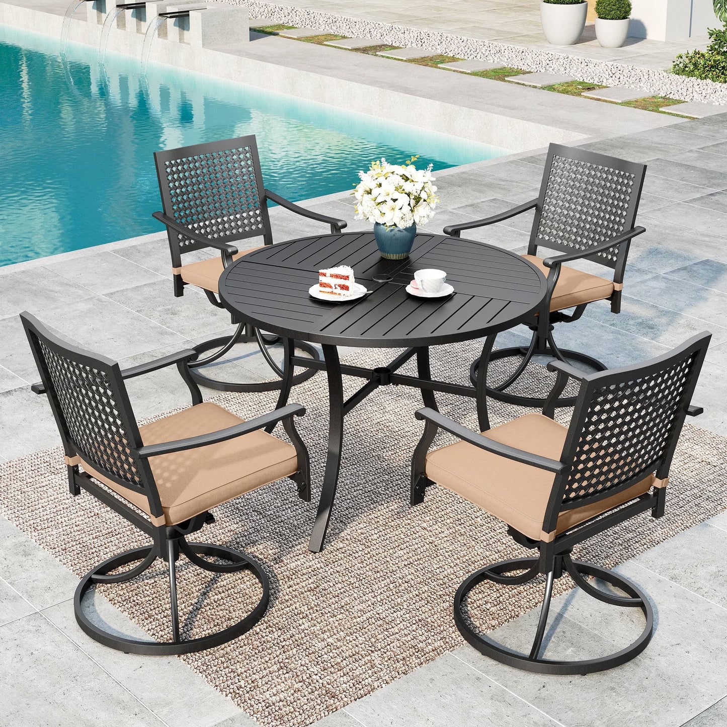 SUMMIT LIVING 5-Piece Outdoor Patio Dining Set with 4 Steel Swivel Armchairs with Cushions (Weight Capacity 350 lbs) & 1 Metal Round Table with Umbrella Hole, Black & Brown