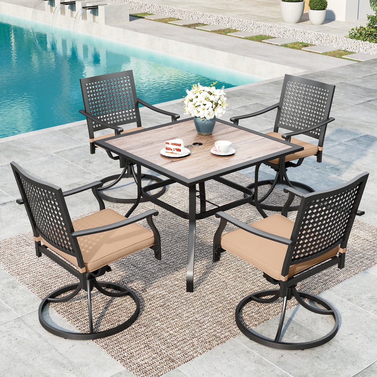 SUMMIT LIVING 5-Piece Outdoor Patio Dining Set with 4 Swivel Armchairs with Cushions (Weight Capacity 350 lbs) & 1 Square Wood Grain Table with Umbrella Hole, Black & Beige