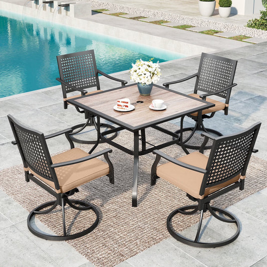 SUMMIT LIVING 5-Piece Outdoor Patio Dining Set with 4 Swivel Armchairs with Cushions (Weight Capacity 350 lbs) & 1 Square Wood Grain Table with Umbrella Hole, Black & Beige